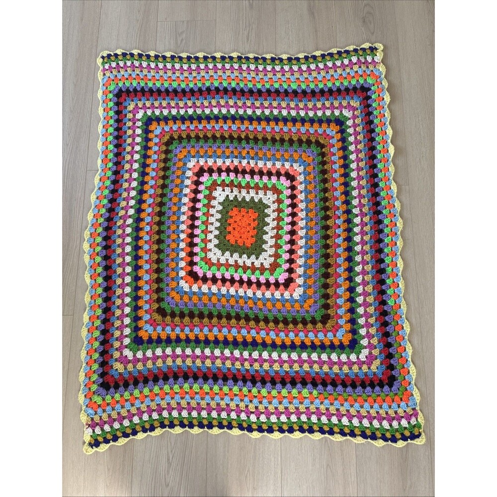 Vintage Crochet Granny Square Blanket Afghan 55x44 Multicolor Handmade